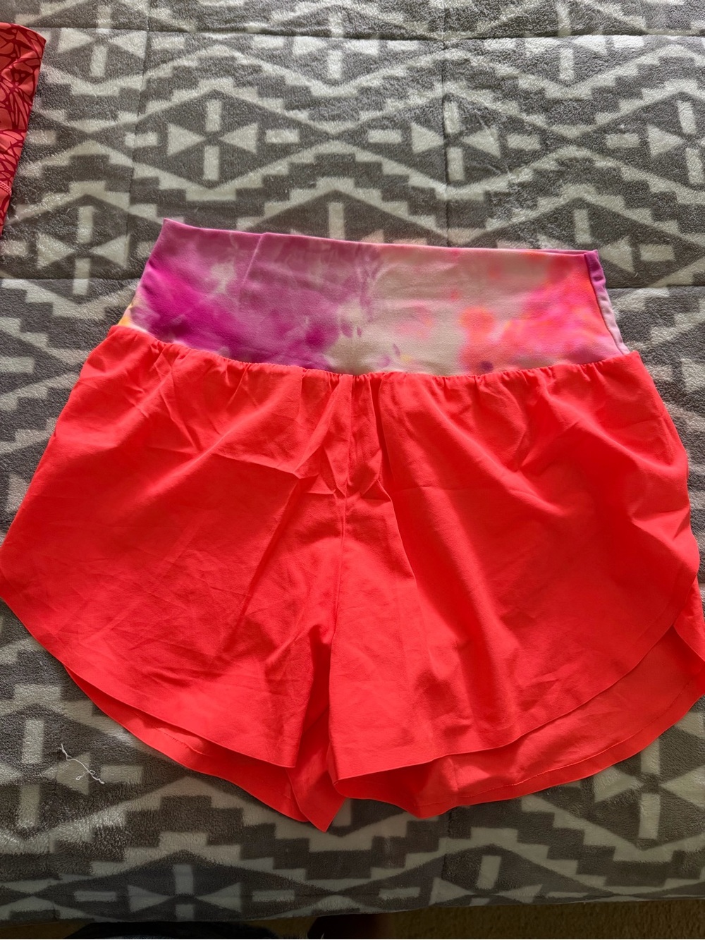 Neon Coral Workout Shorts with Tie-Dye Waistband